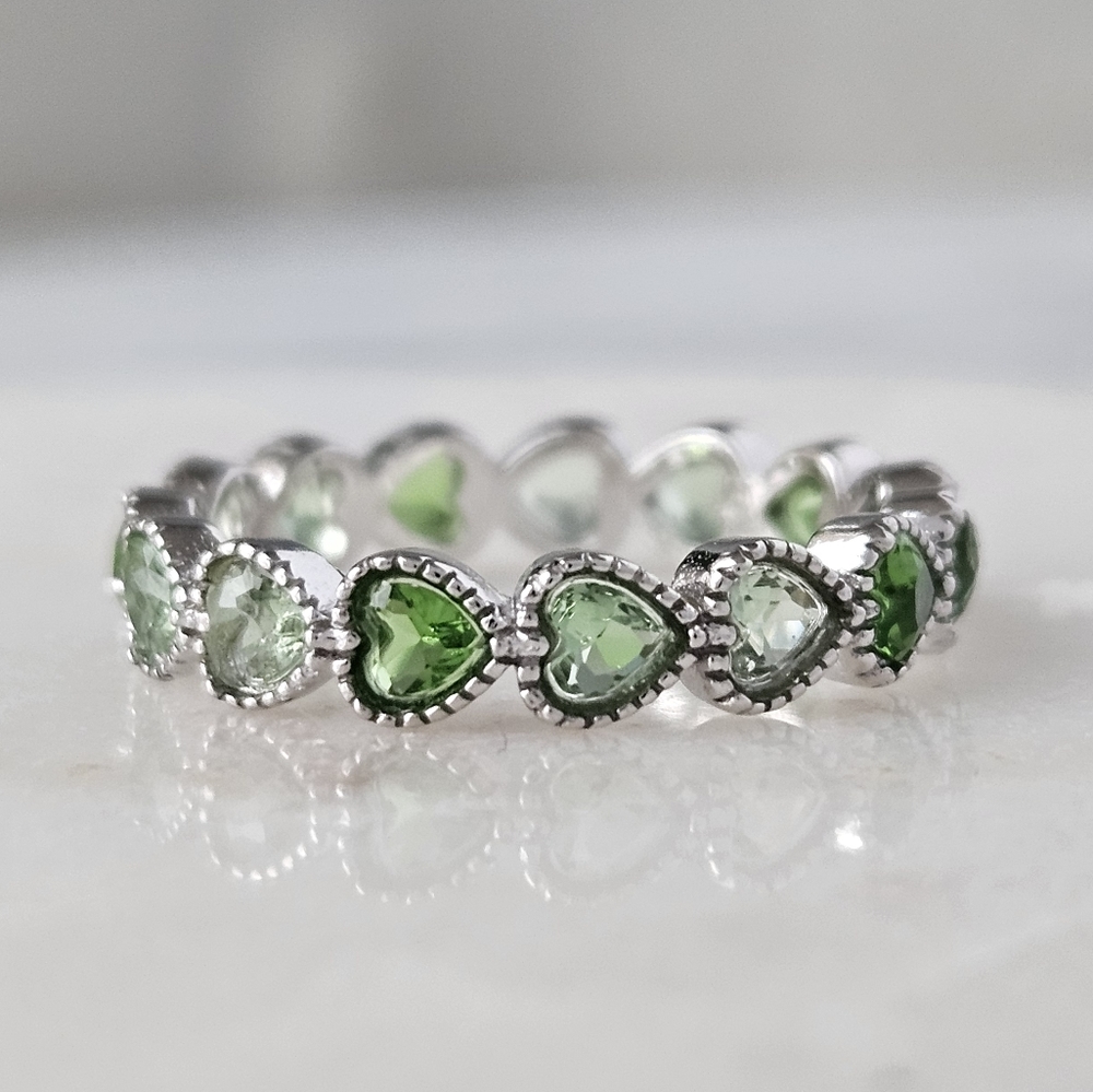 Swarovski Green Gemstone eternity band of hearts, 925 Sterling Silver